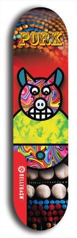 Limited edition, North American maple skateboard deck designed by underground artist BellyRash -- available in widths 7.5 to 8.5 inches in both mellow concave and steep concave shapes. Artwork: PORK BELLY BOB brand popsicle-shaped skateboard deck with a varied, multi-colored background