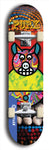 Limited edition, North American maple skateboard deck designed by underground artist BellyRash -- available in widths 7.5 to 8.5 inches in both mellow concave and steep concave shapes. Artwork: PORK BELLY BOB brand popsicle-shaped skateboard deck with a varied, multi-colored background