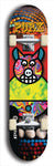 Limited edition, North American maple skateboard deck designed by underground artist BellyRash -- available in widths 7.5 to 8.5 inches in both mellow concave and steep concave shapes. Artwork: PORK BELLY BOB brand popsicle-shaped skateboard deck with a varied, multi-colored background