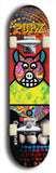 Limited edition, North American maple skateboard deck designed by underground artist BellyRash -- available in widths 7.5 to 8.5 inches in both mellow concave and steep concave shapes. Artwork: PORK BELLY BOB brand popsicle-shaped skateboard deck with a varied, multi-colored background