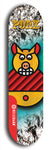 Limited edition, North American maple skateboard deck designed by underground artist BellyRash -- available in widths 7.5 to 8.5 inches in both mellow concave and steep concave shapes. Artwork: PORK BELLY BOB brand popsicle-shaped skateboard deck with a varied, multi-colored background