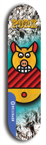 Limited edition, North American maple skateboard deck designed by underground artist BellyRash -- available in widths 7.5 to 8.5 inches in both mellow concave and steep concave shapes. Artwork: PORK BELLY BOB brand popsicle-shaped skateboard deck with a varied, multi-colored background