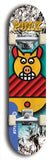 Limited edition, North American maple skateboard deck designed by underground artist BellyRash -- available in widths 7.5 to 8.5 inches in both mellow concave and steep concave shapes. Artwork: PORK BELLY BOB brand popsicle-shaped skateboard deck with a varied, multi-colored background