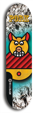 Limited edition, North American maple skateboard deck designed by underground artist BellyRash -- available in widths 7.5 to 8.5 inches in both mellow concave and steep concave shapes. Artwork: PORK BELLY BOB brand popsicle-shaped skateboard deck with a varied, multi-colored background