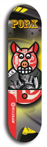 Limited edition, North American maple skateboard deck designed by underground artist BellyRash -- available in widths 7.5 to 8.5 inches in both mellow concave and steep concave shapes. Artwork: PORK BELLY BOB brand popsicle-shaped skateboard deck with a varied, multi-colored background