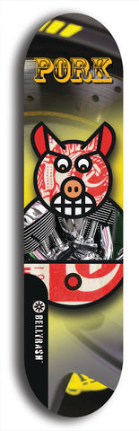 Limited edition, North American maple skateboard deck designed by underground artist BellyRash -- available in widths 7.5 to 8.5 inches in both mellow concave and steep concave shapes. Artwork: PORK BELLY BOB brand popsicle-shaped skateboard deck with a varied, multi-colored background