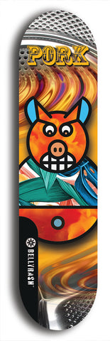 Limited edition, North American maple skateboard deck designed by underground artist BellyRash -- available in widths 7.5 to 8.5 inches in both mellow concave and steep concave shapes. Artwork: PORK BELLY BOB brand popsicle-shaped skateboard deck with a varied, multi-colored background