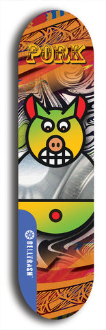 Limited edition, North American maple skateboard deck designed by underground artist BellyRash -- available in widths 7.5 to 8.5 inches in both mellow concave and steep concave shapes. Artwork: PORK BELLY BOB brand popsicle-shaped skateboard deck with a varied, multi-colored background