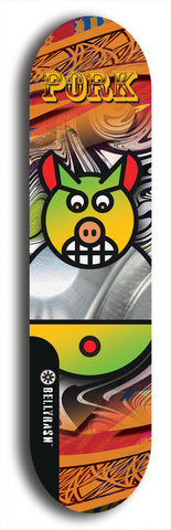 Limited edition, North American maple skateboard deck designed by underground artist BellyRash -- available in widths 7.5 to 8.5 inches in both mellow concave and steep concave shapes. Artwork: PORK BELLY BOB brand popsicle-shaped skateboard deck with a varied, multi-colored background