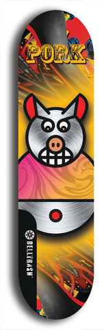 Limited edition, North American maple skateboard deck designed by underground artist BellyRash -- available in widths 7.5 to 8.5 inches in both mellow concave and steep concave shapes. Artwork: PORK BELLY BOB brand popsicle-shaped skateboard deck with a varied, multi-colored background