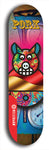 Limited edition, North American maple skateboard deck designed by underground artist BellyRash -- available in widths 7.5 to 8.5 inches in both mellow concave and steep concave shapes. Artwork: PORK BELLY BOB brand popsicle-shaped skateboard deck with a varied, multi-colored background