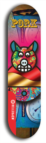 Limited edition, North American maple skateboard deck designed by underground artist BellyRash -- available in widths 7.5 to 8.5 inches in both mellow concave and steep concave shapes. Artwork: PORK BELLY BOB brand popsicle-shaped skateboard deck with a varied, multi-colored background