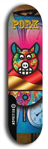 Limited edition, North American maple skateboard deck designed by underground artist BellyRash -- available in widths 7.5 to 8.5 inches in both mellow concave and steep concave shapes. Artwork: PORK BELLY BOB brand popsicle-shaped skateboard deck with a varied, multi-colored background