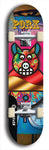 Limited edition, North American maple skateboard deck designed by underground artist BellyRash -- available in widths 7.5 to 8.5 inches in both mellow concave and steep concave shapes. Artwork: PORK BELLY BOB brand popsicle-shaped skateboard deck with a varied, multi-colored background