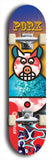 Limited edition, North American maple skateboard deck designed by underground artist BellyRash -- available in widths 7.5 to 8.5 inches in both mellow concave and steep concave shapes. Artwork: PORK BELLY BOB brand popsicle-shaped skateboard deck with a varied, multi-colored background