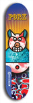 Limited edition, North American maple skateboard deck designed by underground artist BellyRash -- available in widths 7.5 to 8.5 inches in both mellow concave and steep concave shapes. Artwork: PORK BELLY BOB brand popsicle-shaped skateboard deck with a varied, multi-colored background