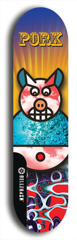 Limited edition, North American maple skateboard deck designed by underground artist BellyRash -- available in widths 7.5 to 8.5 inches in both mellow concave and steep concave shapes. Artwork: PORK BELLY BOB brand popsicle-shaped skateboard deck with a varied, multi-colored background