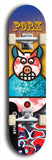 Limited edition, North American maple skateboard deck designed by underground artist BellyRash -- available in widths 7.5 to 8.5 inches in both mellow concave and steep concave shapes. Artwork: PORK BELLY BOB brand popsicle-shaped skateboard deck with a varied, multi-colored background