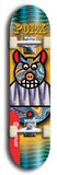 Limited edition, North American maple skateboard deck designed by underground artist BellyRash -- available in widths 7.5 to 8.5 inches in both mellow concave and steep concave shapes. Artwork: PORK BELLY BOB brand popsicle-shaped skateboard deck with a varied, multi-colored background