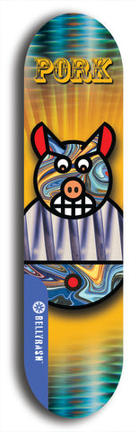 Limited edition, North American maple skateboard deck designed by underground artist BellyRash -- available in widths 7.5 to 8.5 inches in both mellow concave and steep concave shapes. Artwork: PORK BELLY BOB brand popsicle-shaped skateboard deck with a varied, multi-colored background