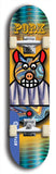 Limited edition, North American maple skateboard deck designed by underground artist BellyRash -- available in widths 7.5 to 8.5 inches in both mellow concave and steep concave shapes. Artwork: PORK BELLY BOB brand popsicle-shaped skateboard deck with a varied, multi-colored background