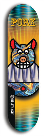 Limited edition, North American maple skateboard deck designed by underground artist BellyRash -- available in widths 7.5 to 8.5 inches in both mellow concave and steep concave shapes. Artwork: PORK BELLY BOB brand popsicle-shaped skateboard deck with a varied, multi-colored background