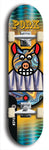 Limited edition, North American maple skateboard deck designed by underground artist BellyRash -- available in widths 7.5 to 8.5 inches in both mellow concave and steep concave shapes. Artwork: PORK BELLY BOB brand popsicle-shaped skateboard deck with a varied, multi-colored background