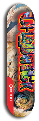 Limited edition, North American maple skateboard deck designed by underground artist BellyRash - available widths 7.5 to 8.5 inches in both mellow concave and steep concave shapes. Artwork: CHADWICK brand popsicle-shaped with large CHADWICK logo multi-colored patterned background