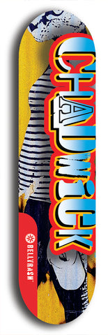 Limited edition, North American maple skateboard deck designed by underground artist BellyRash - available widths 7.5 to 8.5 inches in both mellow concave and steep concave shapes. Artwork: CHADWICK brand popsicle-shaped with large CHADWICK logo multi-colored patterned background