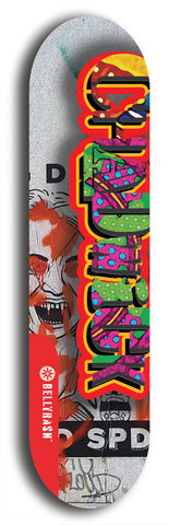 Limited edition, North American maple skateboard deck designed by underground artist BellyRash - available widths 7.5 to 8.5 inches in both mellow concave and steep concave shapes. Artwork: CHADWICK brand popsicle-shaped with large CHADWICK logo multi-colored patterned background