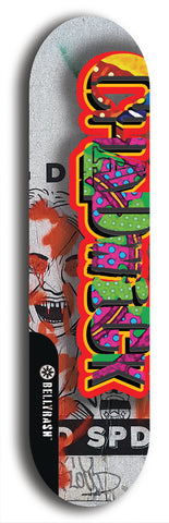 Limited edition, North American maple skateboard deck designed by underground artist BellyRash - available widths 7.5 to 8.5 inches in both mellow concave and steep concave shapes. Artwork: CHADWICK brand popsicle-shaped with large CHADWICK logo multi-colored patterned background