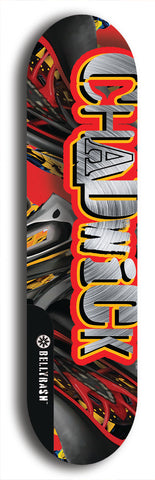 Limited edition, North American maple skateboard deck designed by underground artist BellyRash - available widths 7.5 to 8.5 inches in both mellow concave and steep concave shapes. Artwork: CHADWICK brand popsicle-shaped with large CHADWICK logo multi-colored patterned background