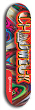 Limited edition, North American maple skateboard deck designed by underground artist BellyRash - available widths 7.5 to 8.5 inches in both mellow concave and steep concave shapes. Artwork: CHADWICK brand popsicle-shaped with large CHADWICK logo multi-colored patterned background