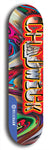 Limited edition, North American maple skateboard deck designed by underground artist BellyRash - available widths 7.5 to 8.5 inches in both mellow concave and steep concave shapes. Artwork: CHADWICK brand popsicle-shaped with large CHADWICK logo multi-colored patterned background