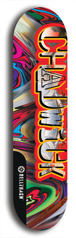 Limited edition, North American maple skateboard deck designed by underground artist BellyRash - available widths 7.5 to 8.5 inches in both mellow concave and steep concave shapes. Artwork: CHADWICK brand popsicle-shaped with large CHADWICK logo multi-colored patterned background