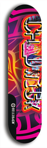 Limited edition, North American maple skateboard deck designed by underground artist BellyRash - available widths 7.5 to 8.5 inches in both mellow concave and steep concave shapes. Artwork: CHADWICK brand popsicle-shaped with large CHADWICK logo multi-colored patterned background