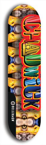 Limited edition, North American maple skateboard deck designed by underground artist BellyRash - available widths 7.5 to 8.5 inches in both mellow concave and steep concave shapes. Artwork: CHADWICK brand popsicle-shaped with large CHADWICK logo multi-colored patterned background