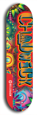 Limited edition, North American maple skateboard deck designed by underground artist BellyRash - available widths 7.5 to 8.5 inches in both mellow concave and steep concave shapes. Artwork: CHADWICK brand popsicle-shaped with large CHADWICK logo multi-colored patterned background