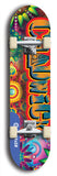 Limited edition, North American maple skateboard deck designed by underground artist BellyRash - available widths 7.5 to 8.5 inches in both mellow concave and steep concave shapes. Artwork: CHADWICK brand popsicle-shaped with large CHADWICK logo multi-colored patterned background