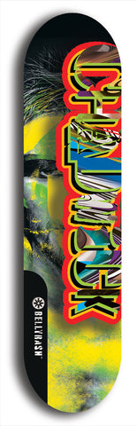 Limited edition, North American maple skateboard deck designed by underground artist BellyRash - available widths 7.5 to 8.5 inches in both mellow concave and steep concave shapes. Artwork: CHADWICK brand popsicle-shaped with large CHADWICK logo multi-colored patterned background