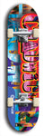 Limited edition, North American maple skateboard deck designed by underground artist BellyRash - available widths 7.5 to 8.5 inches in both mellow concave and steep concave shapes. Artwork: CHADWICK brand popsicle-shaped with large CHADWICK logo multi-colored patterned background