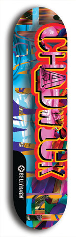 Limited edition, North American maple skateboard deck designed by underground artist BellyRash - available widths 7.5 to 8.5 inches in both mellow concave and steep concave shapes. Artwork: CHADWICK brand popsicle-shaped with large CHADWICK logo multi-colored patterned background