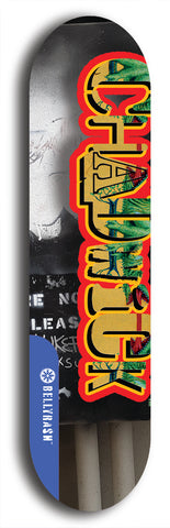 Limited edition, North American maple skateboard deck designed by underground artist BellyRash - available widths 7.5 to 8.5 inches in both mellow concave and steep concave shapes. Artwork: CHADWICK brand popsicle-shaped with large CHADWICK logo multi-colored patterned background