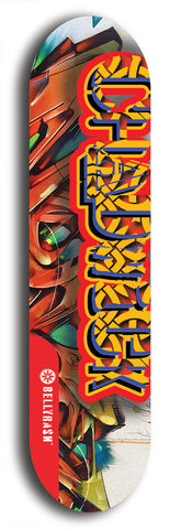 Limited edition, North American maple skateboard deck designed by underground artist BellyRash - available widths 7.5 to 8.5 inches in both mellow concave and steep concave shapes. Artwork: CHADWICK brand popsicle-shaped with large CHADWICK logo multi-colored patterned background