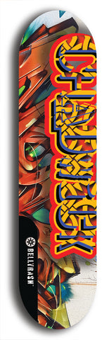 Limited edition, North American maple skateboard deck designed by underground artist BellyRash - available widths 7.5 to 8.5 inches in both mellow concave and steep concave shapes. Artwork: CHADWICK brand popsicle-shaped with large CHADWICK logo multi-colored patterned background