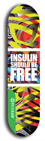 North American maple skateboard deck designed by underground artist BellyRash -- available in widths between 7.5 to 8.5 inches in both mellow concave and steep concave shapes from the BellyRash Limited Edition Blitz Deck series: Insulin Should Be Free