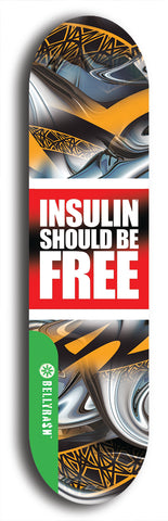 North American maple skateboard deck designed by underground artist BellyRash -- available in widths between 7.5 to 8.5 inches in both mellow concave and steep concave shapes from the BellyRash Limited Edition Blitz Deck series: Insulin Should Be Free