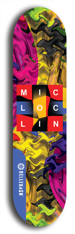 Limited edition, North American maple skateboard deck designed by underground artist BellyRash - available widths 7.5 to 8.5 inches in both mellow concave and steep concave shapes. Artwork: MIC LOC LIN brand popsicle-shaped with large MIC LOC LIN logo with a multi-colored patterned background