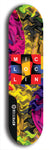 Limited edition, North American maple skateboard deck designed by underground artist BellyRash - available widths 7.5 to 8.5 inches in both mellow concave and steep concave shapes. Artwork: MIC LOC LIN brand popsicle-shaped with large MIC LOC LIN logo with a multi-colored patterned background