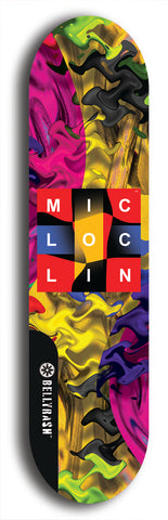 Limited edition, North American maple skateboard deck designed by underground artist BellyRash - available widths 7.5 to 8.5 inches in both mellow concave and steep concave shapes. Artwork: MIC LOC LIN brand popsicle-shaped with large MIC LOC LIN logo with a multi-colored patterned background